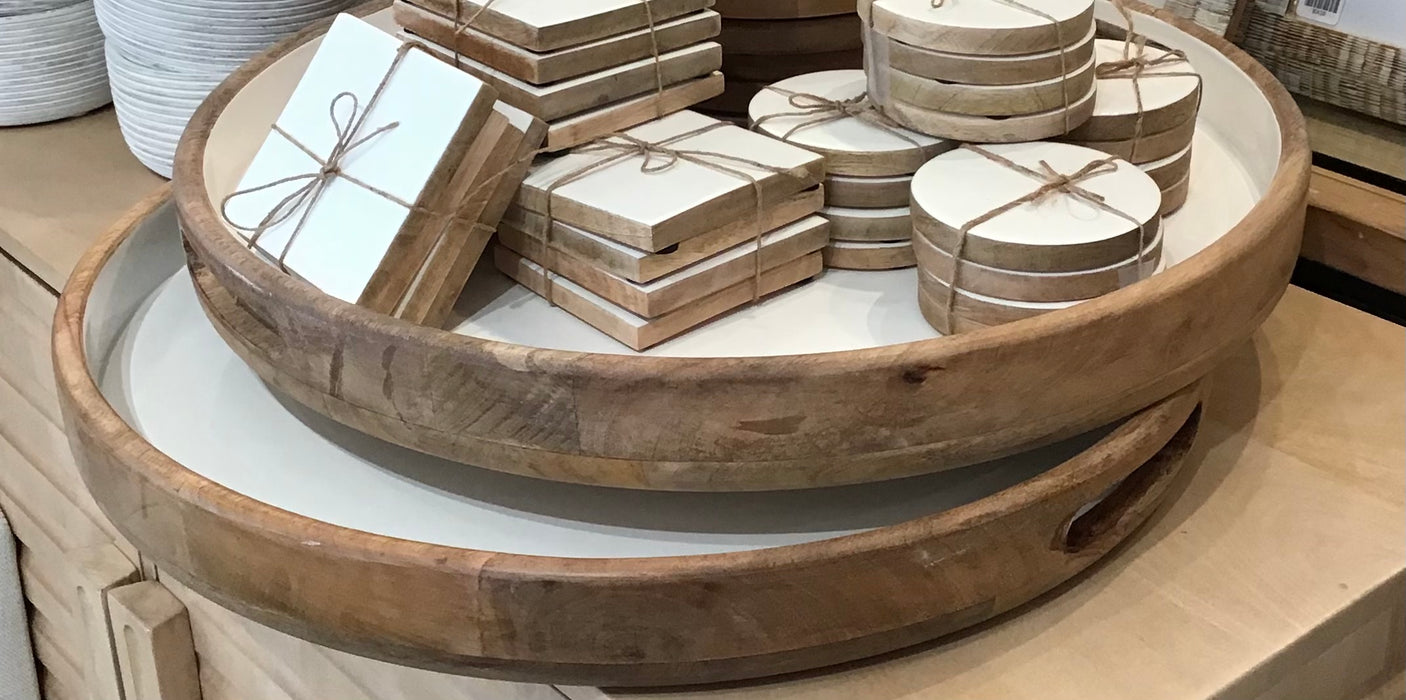 Oversized Round Mango Wood and Enamel Tray with Handles