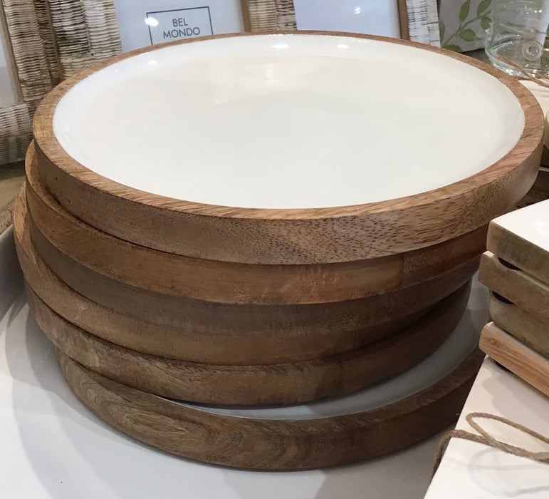 Round Mango Wood and Enamel Tray
