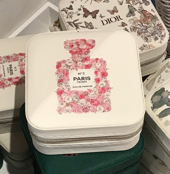 Travel Jewelry Box with Floral Parfume Image.